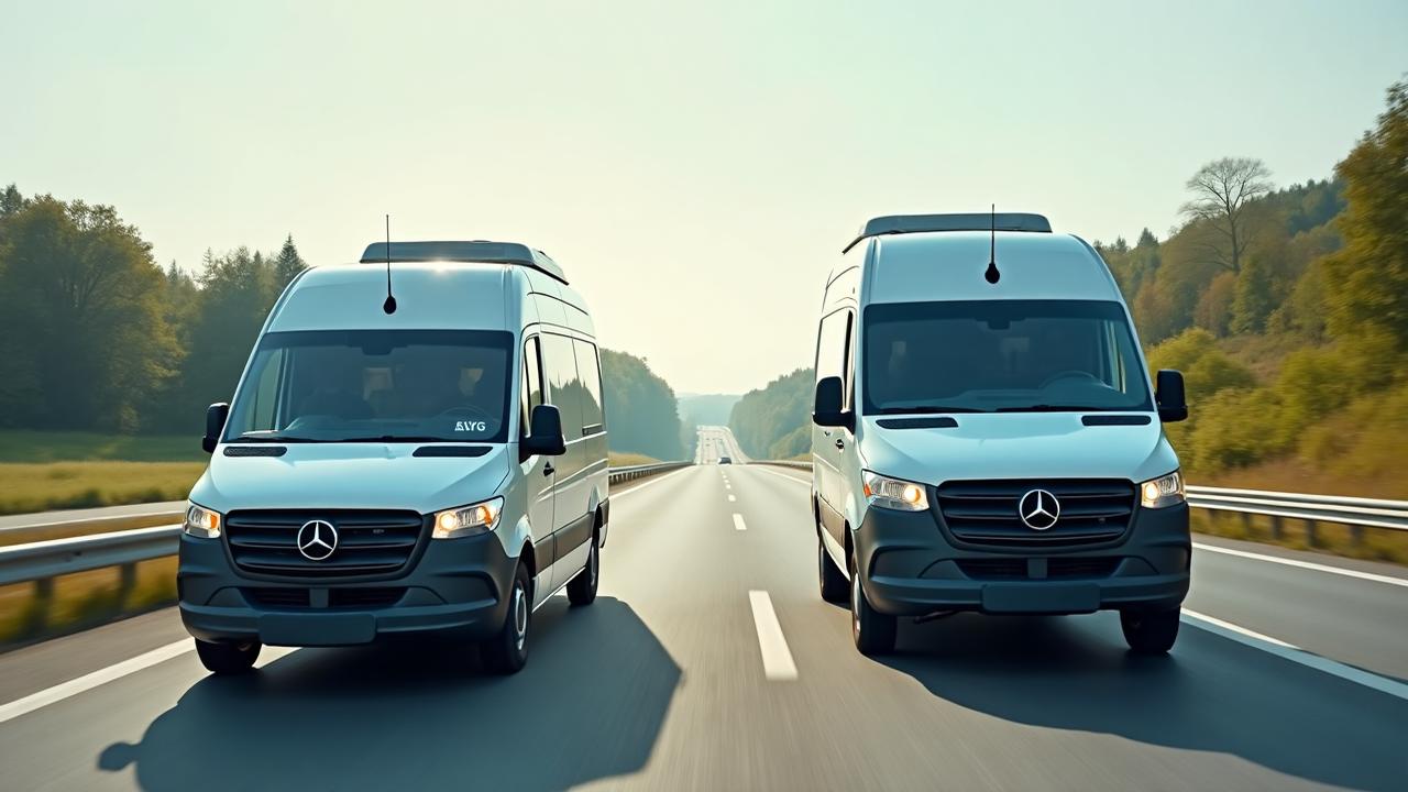 Zwei Mercedes Sprinter auf der Autobahn – einer mit LPG, einer mit LNG – symbolischer Direktvergleich