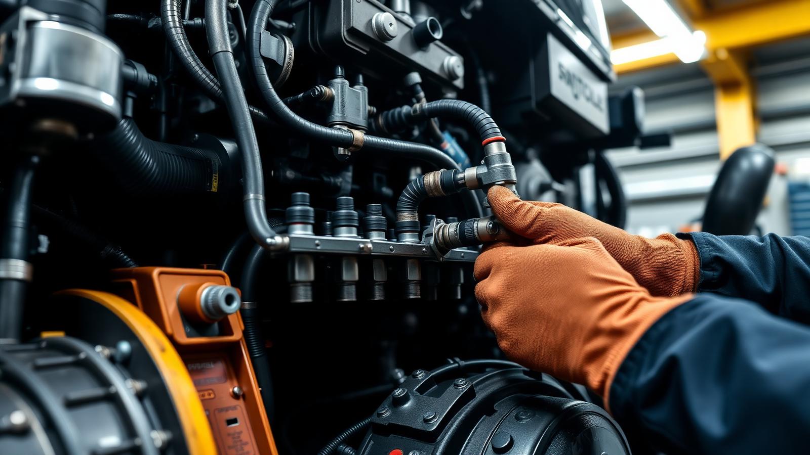 Techniker montiert eine Gasleitung an der Einspritzleiste eines schweren Nutzfahrzeugmotors in der Werkstatt