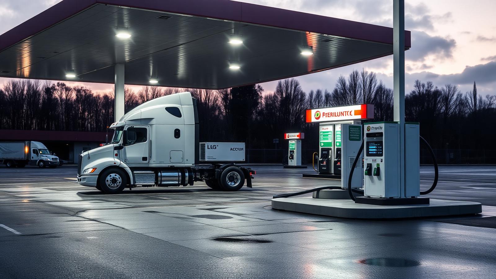 Zapfsäulen für HVO-Diesel und LNG nebeneinander an einer Nutzfahrzeug-Tankstelle, im Hintergrund ein Sattelzug