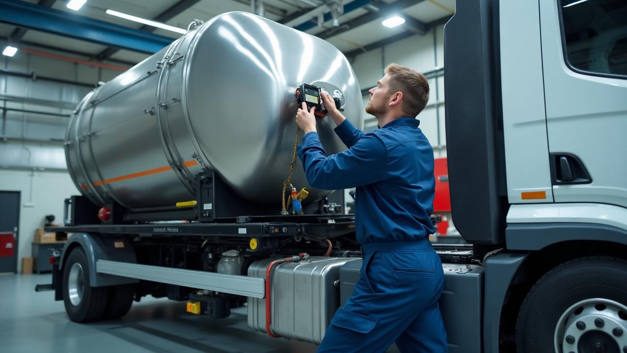 Zertifizierter Techniker beim Einbau eines LNG-Kryotanks in einem Nutzfahrzeug in einer modernen Werkstatt