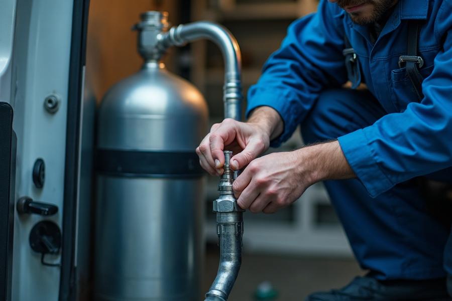 Zertifizierter Kfz-Techniker montiert LNG-Tank in einem Transporter – LNG Werkstatt Eschborn