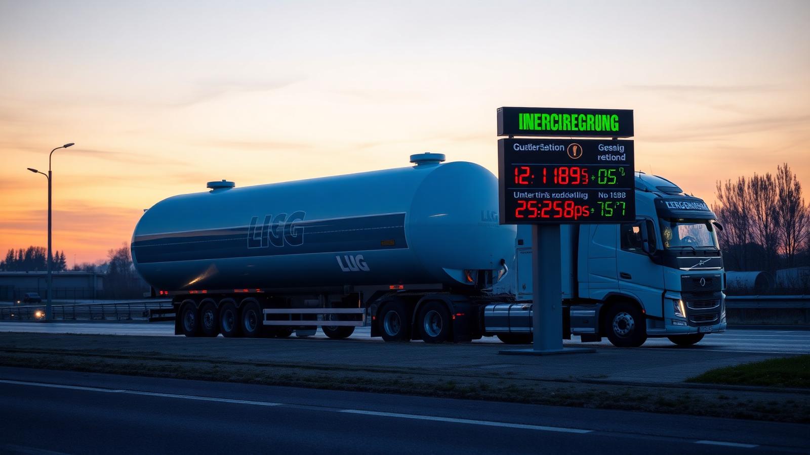 LNG-Tankstelle an einer deutschen Autobahn in der Dämmerung mit Kryotank und Sattelzug beim Betanken