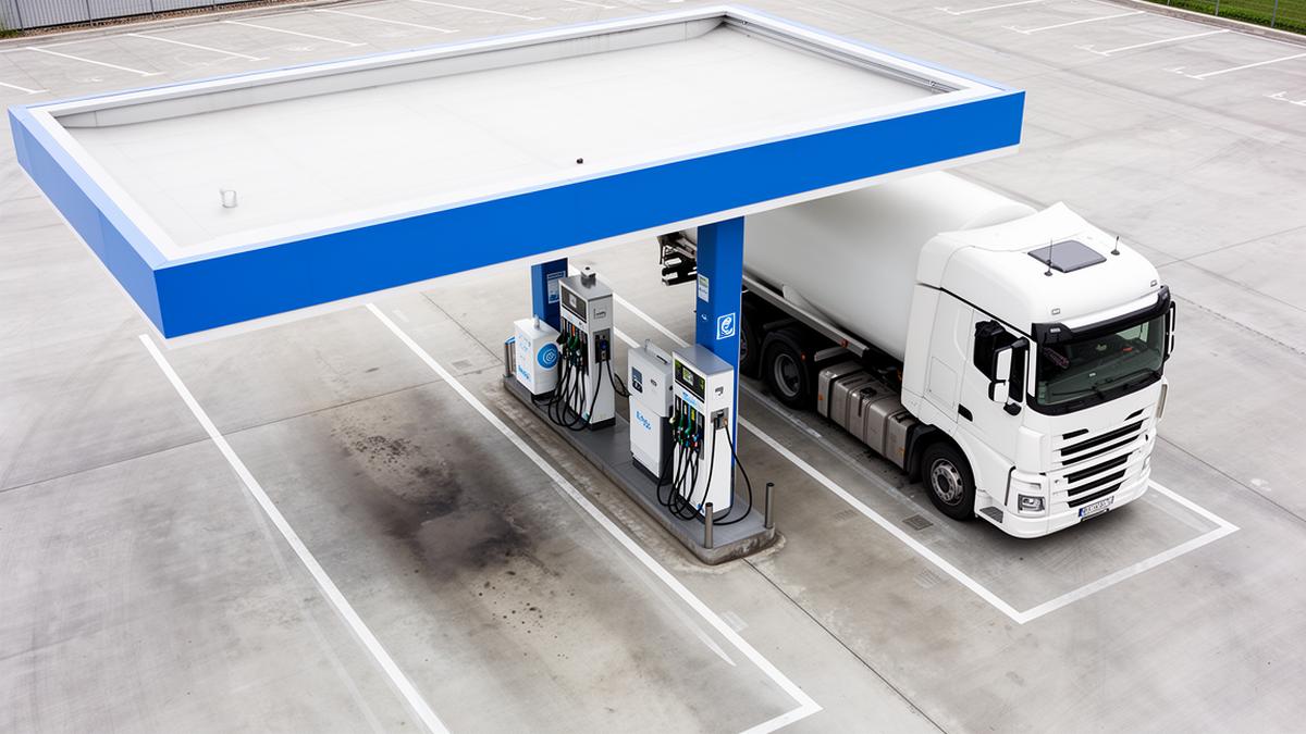 Moderne LNG-Tankstelle mit LKW – Aufsicht auf das Tankstellen-Vorfeld mit blau-weißem Überdach