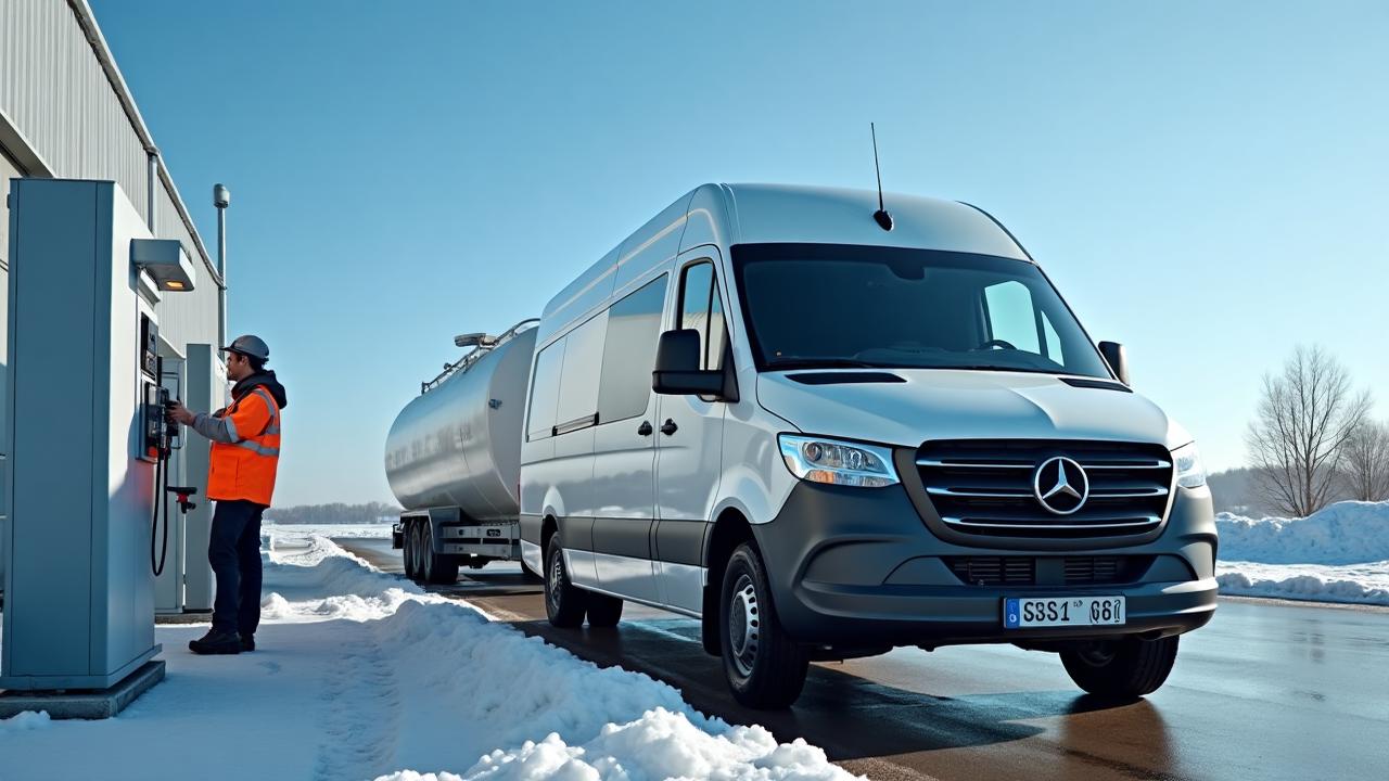 Mercedes Sprinter an einer LNG-Tankstelle im Winter – saubere Betankung mit verflüssigtem Erdgas