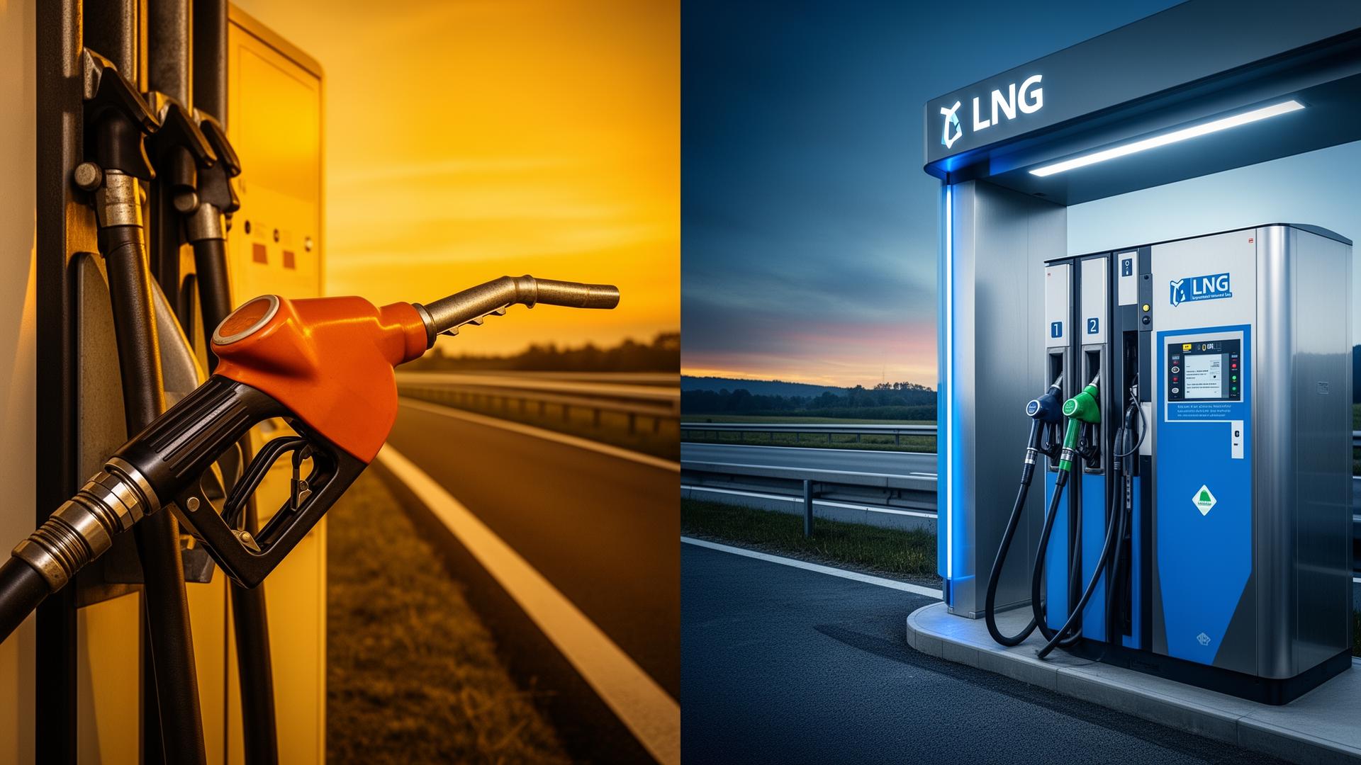 Autogas LPG Zapfhahn links, moderner LNG-Tankautomat rechts – direkter Vergleich