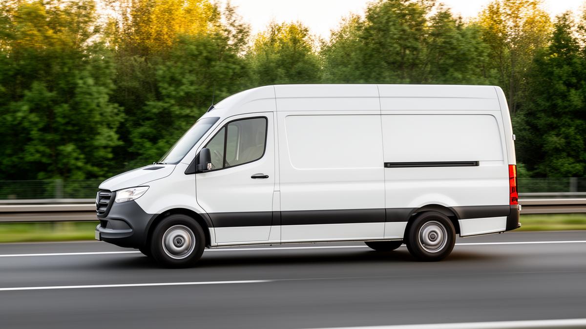 Weißer Mercedes Sprinter Transporter auf der Autobahn – umgerüstet auf LNG-Betrieb