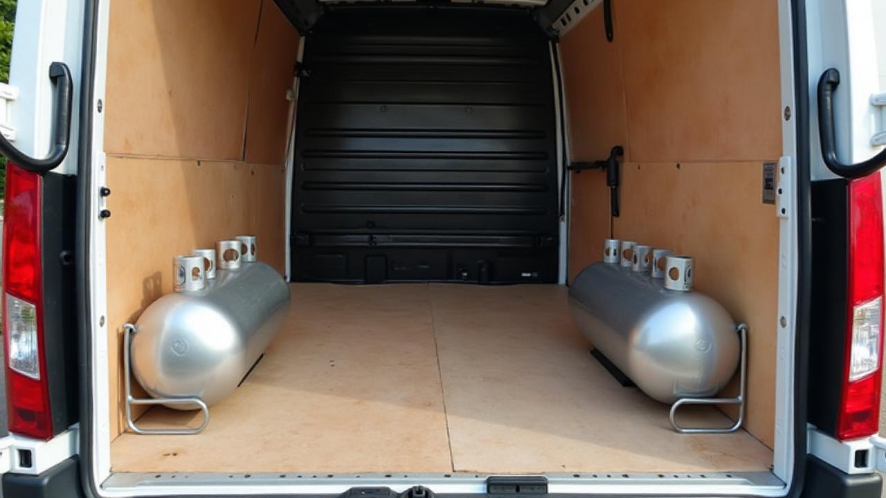 Fahrzeug-Umrüstung in der LNG Werkstatt – Techniker montieren LNG-Tanksystem an einem LKW